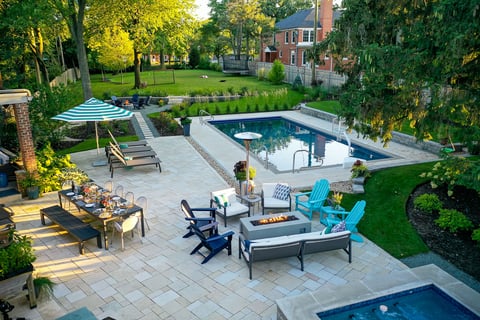 Residential landscape design pool and large paver patio 