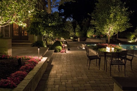 outdoor lighting around backyard pool and concrete paver patio -1